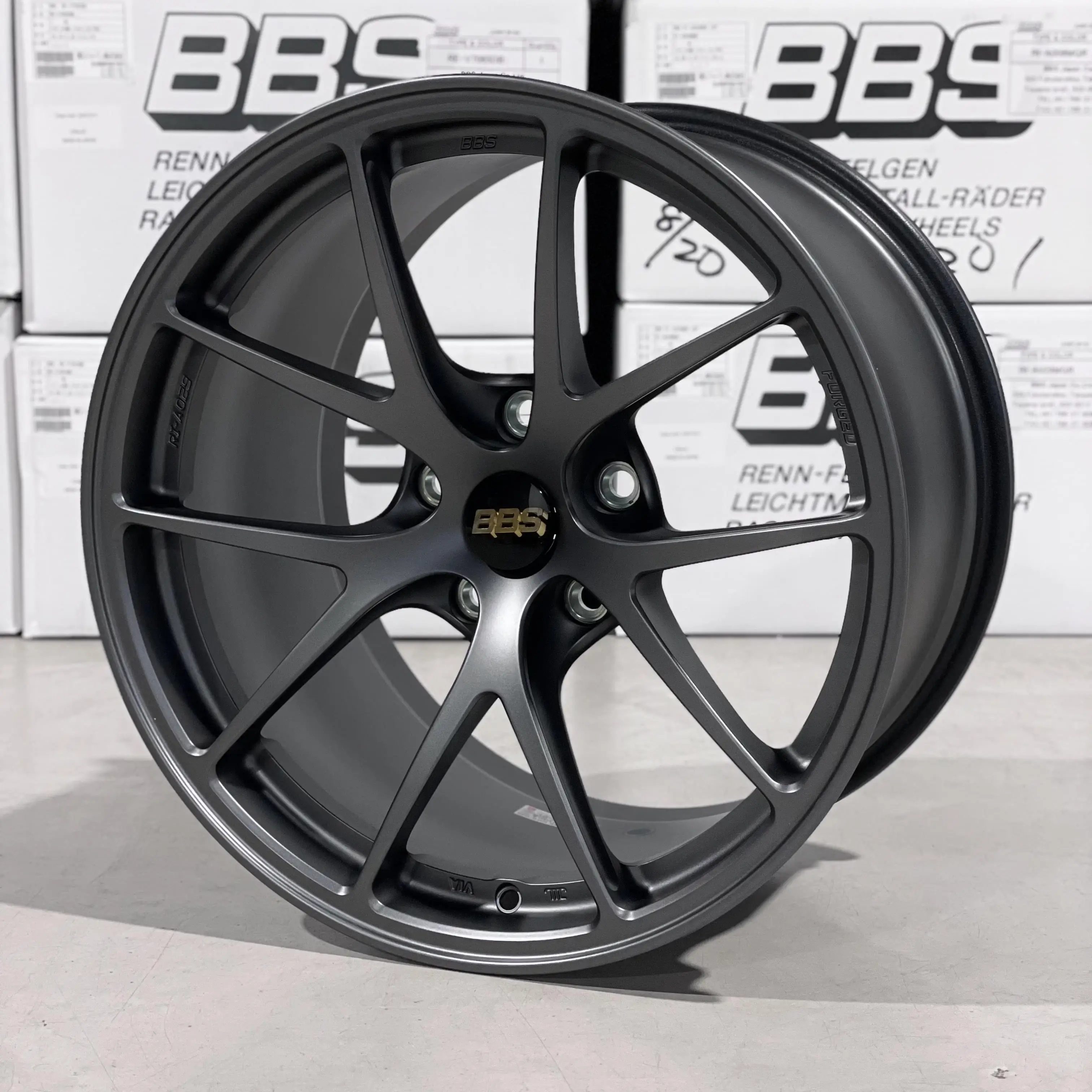 Three quarter studio perspective highlighting the split five spoke structure of a Matte Gray BBS RIA wheel