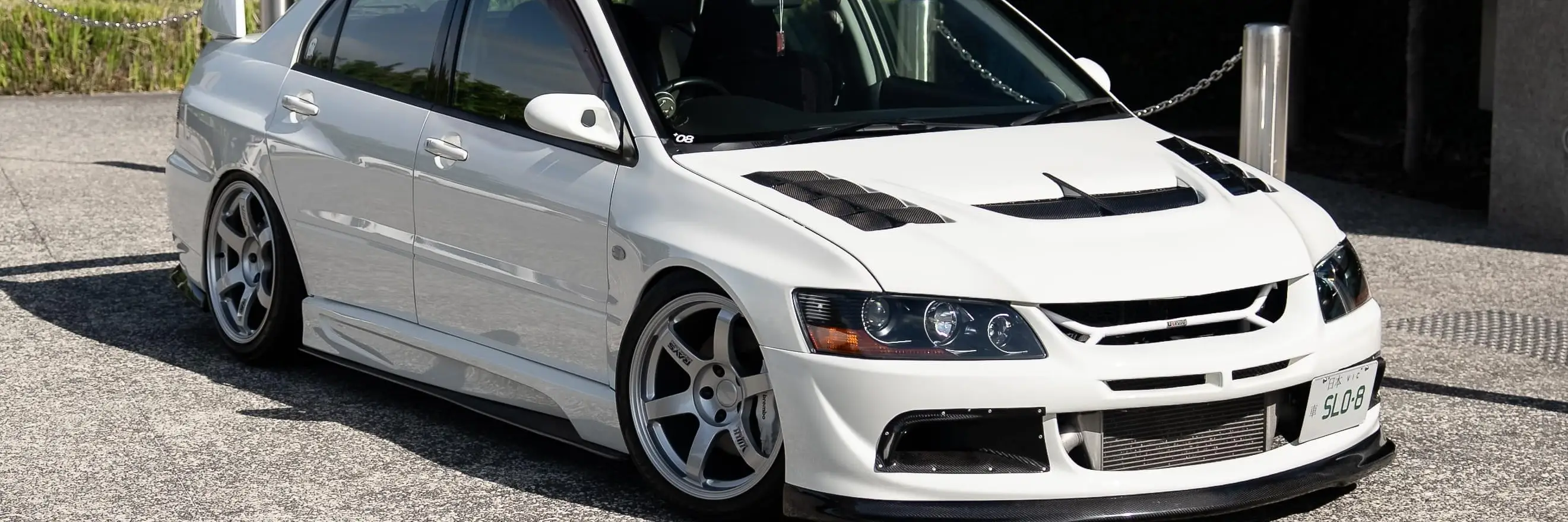 RAYS Volk Racing TE37 Saga SL Diamond Silver wheel fitment on a Mitsubishi Evolution 8 evo 8
