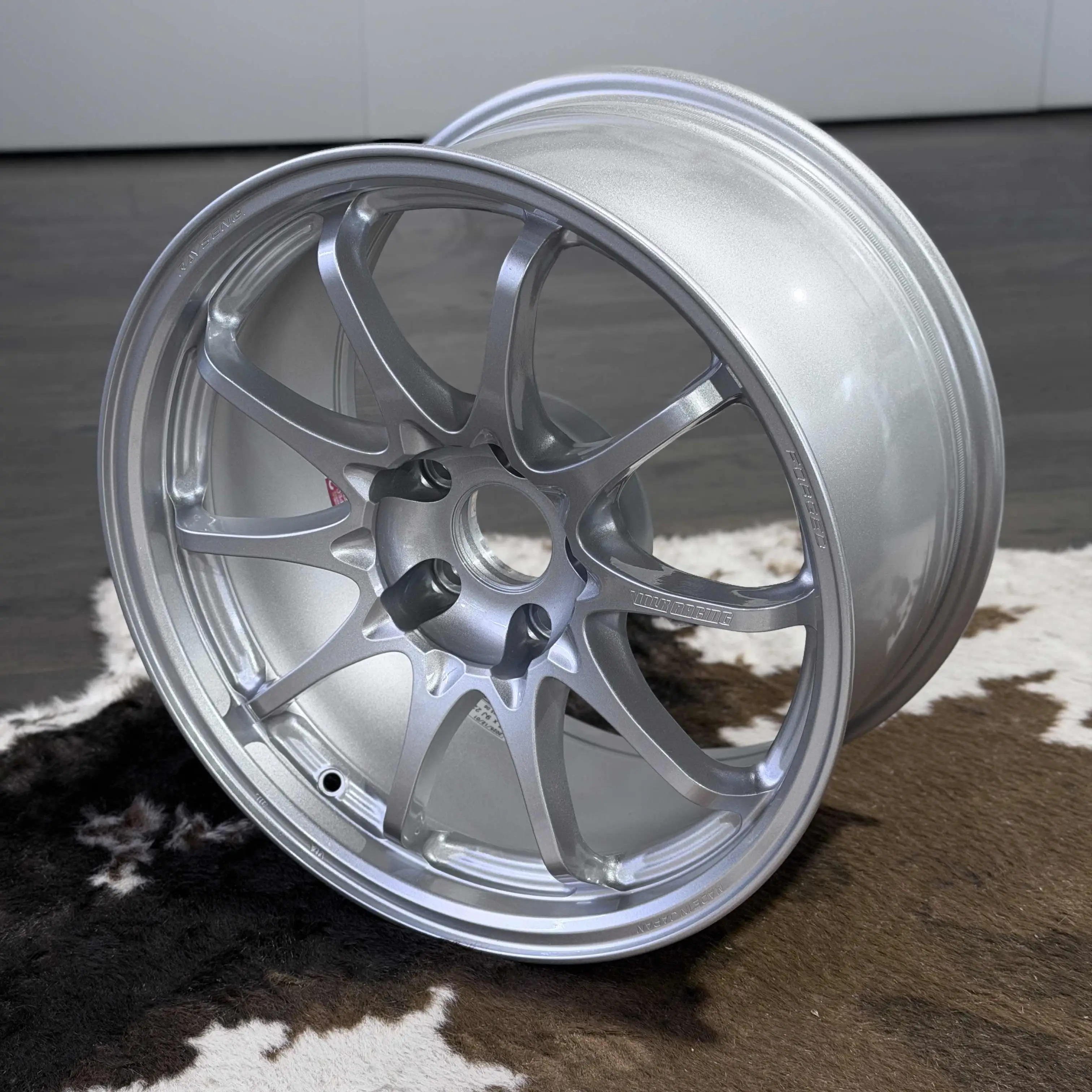 Three quarter studio view of a lightweight 17 inch forged monoblock CE28 N-Plus wheel in Diamond Silver