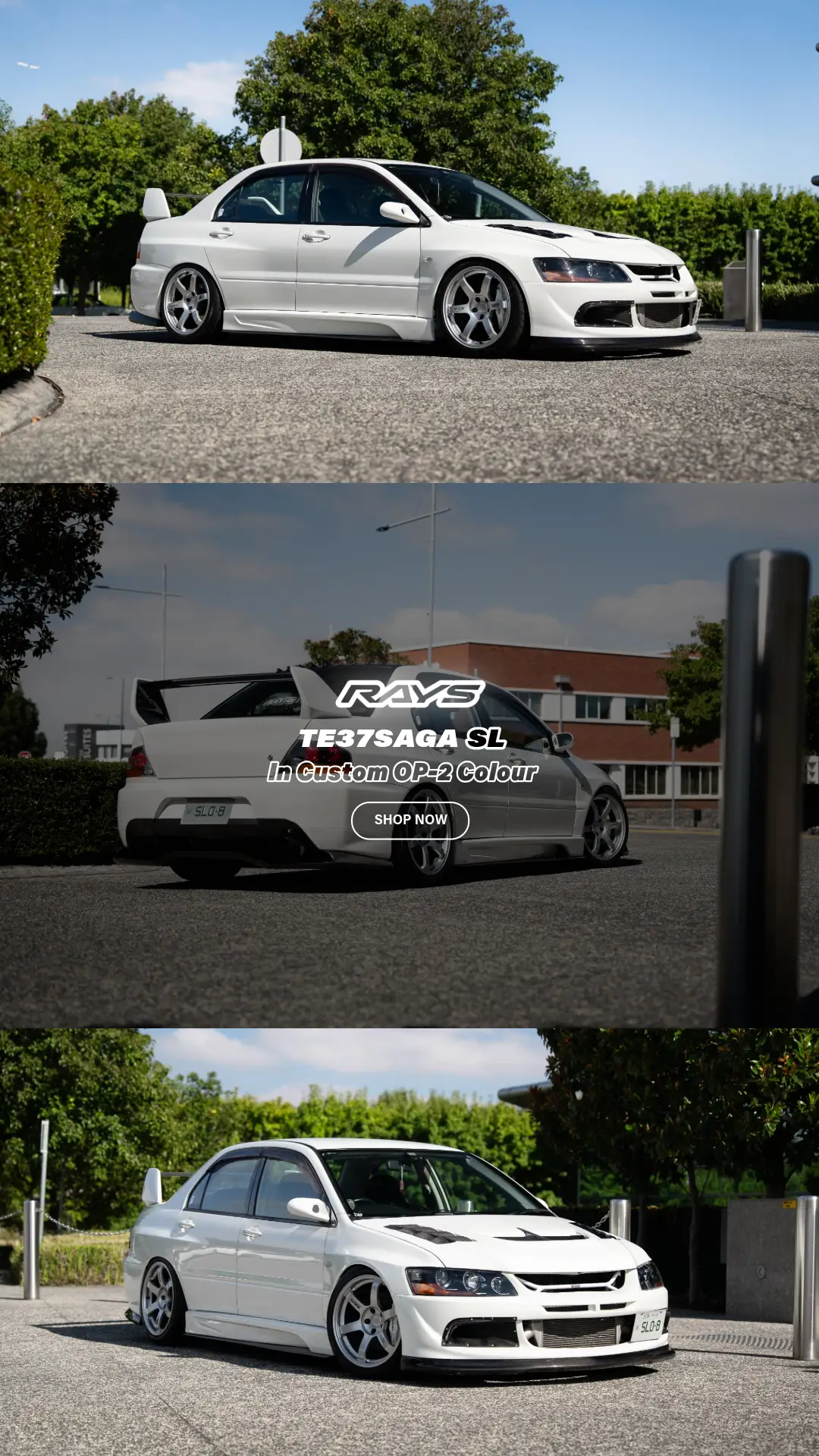 White evolution 8 with RAYS TE37Saga SL in diamond silver with black RAYS stickers