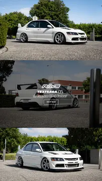 White evolution 8 with RAYS TE37Saga SL in diamond silver with black RAYS stickers