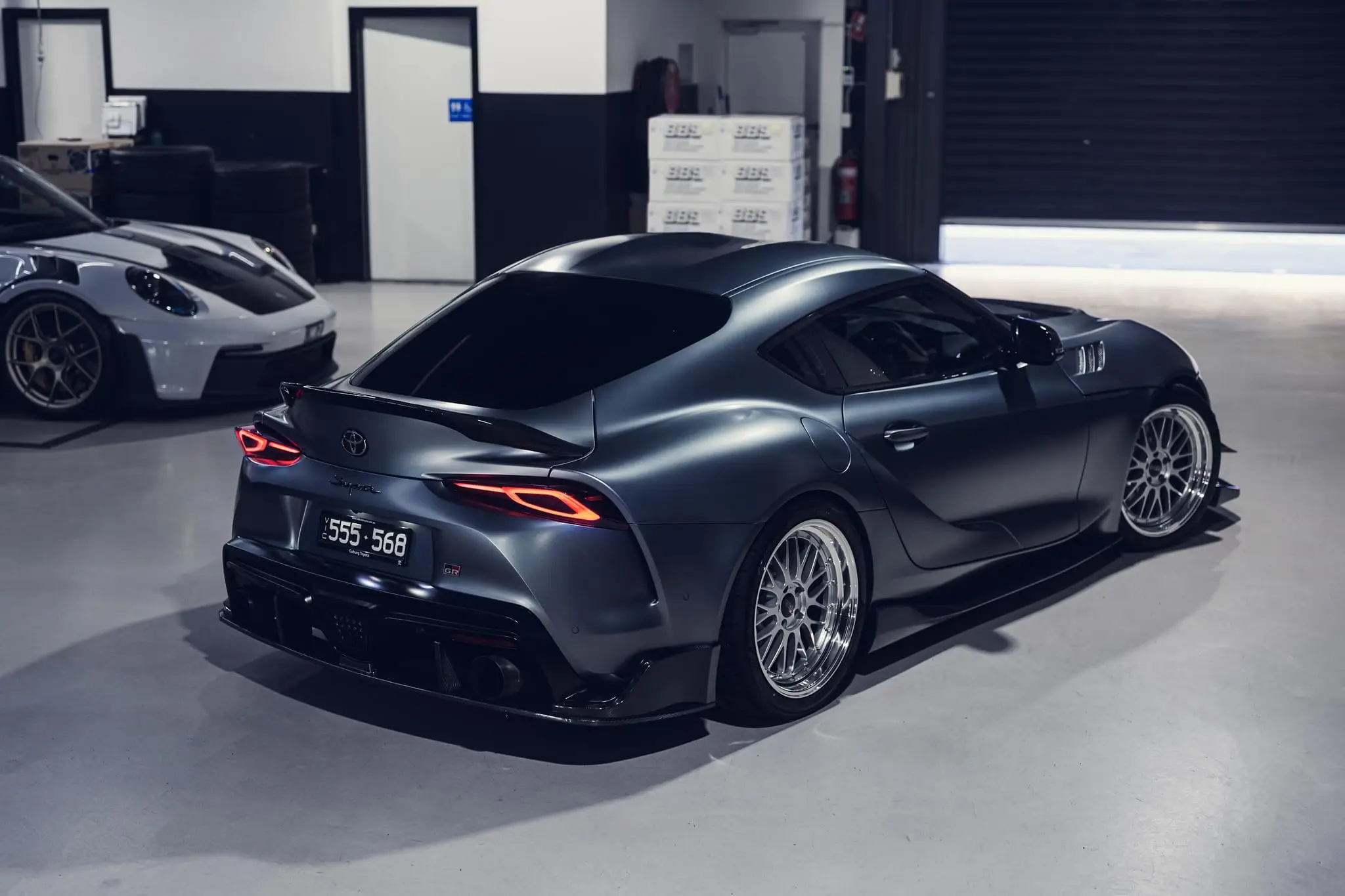 Silver finish BBS LM 2 piece forged wheels mounted on a black Toyota GR Supra