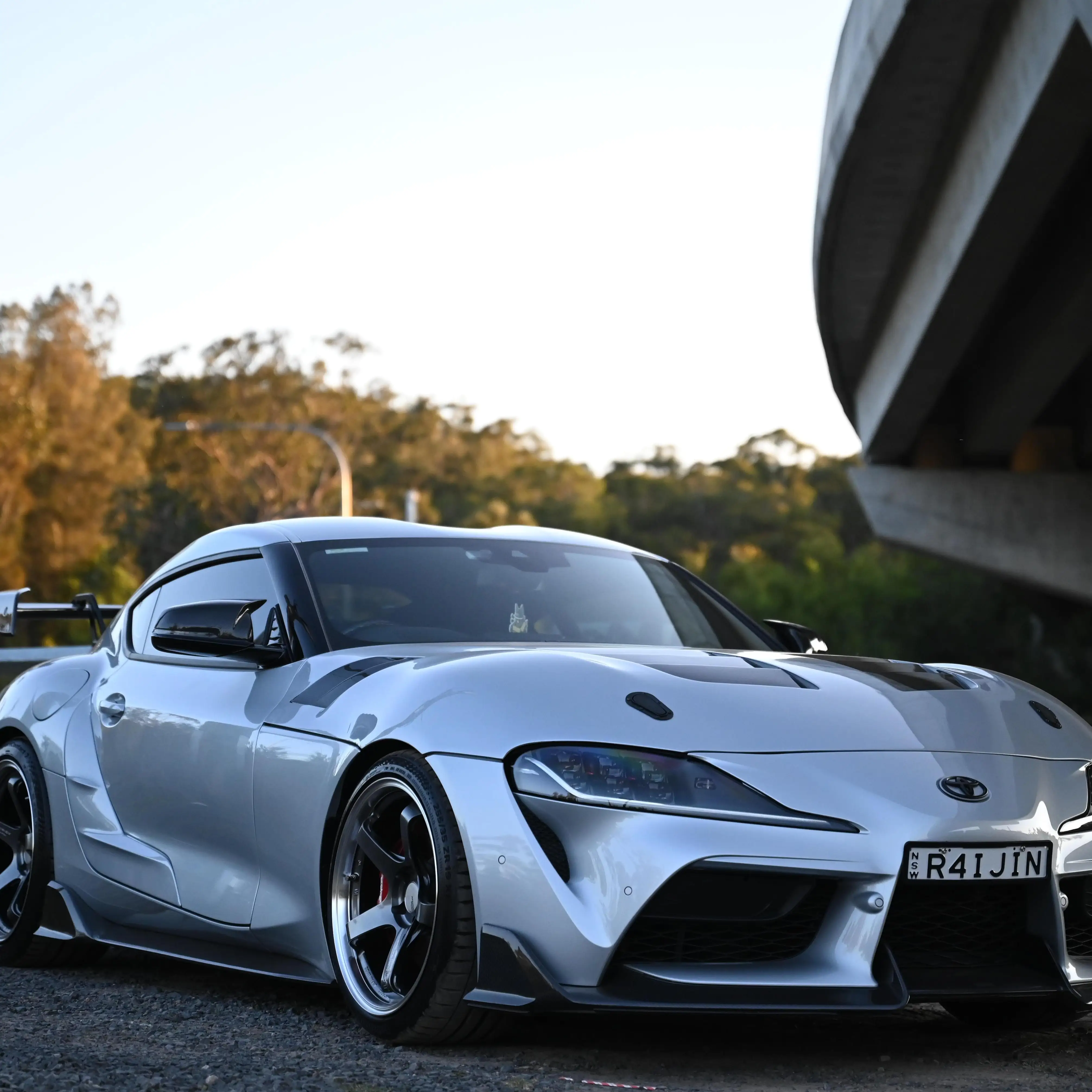 Front angle view of Toyota GR Supra showing 19-inch Hyper Platinum Black Advan GT Beyond concave wheels