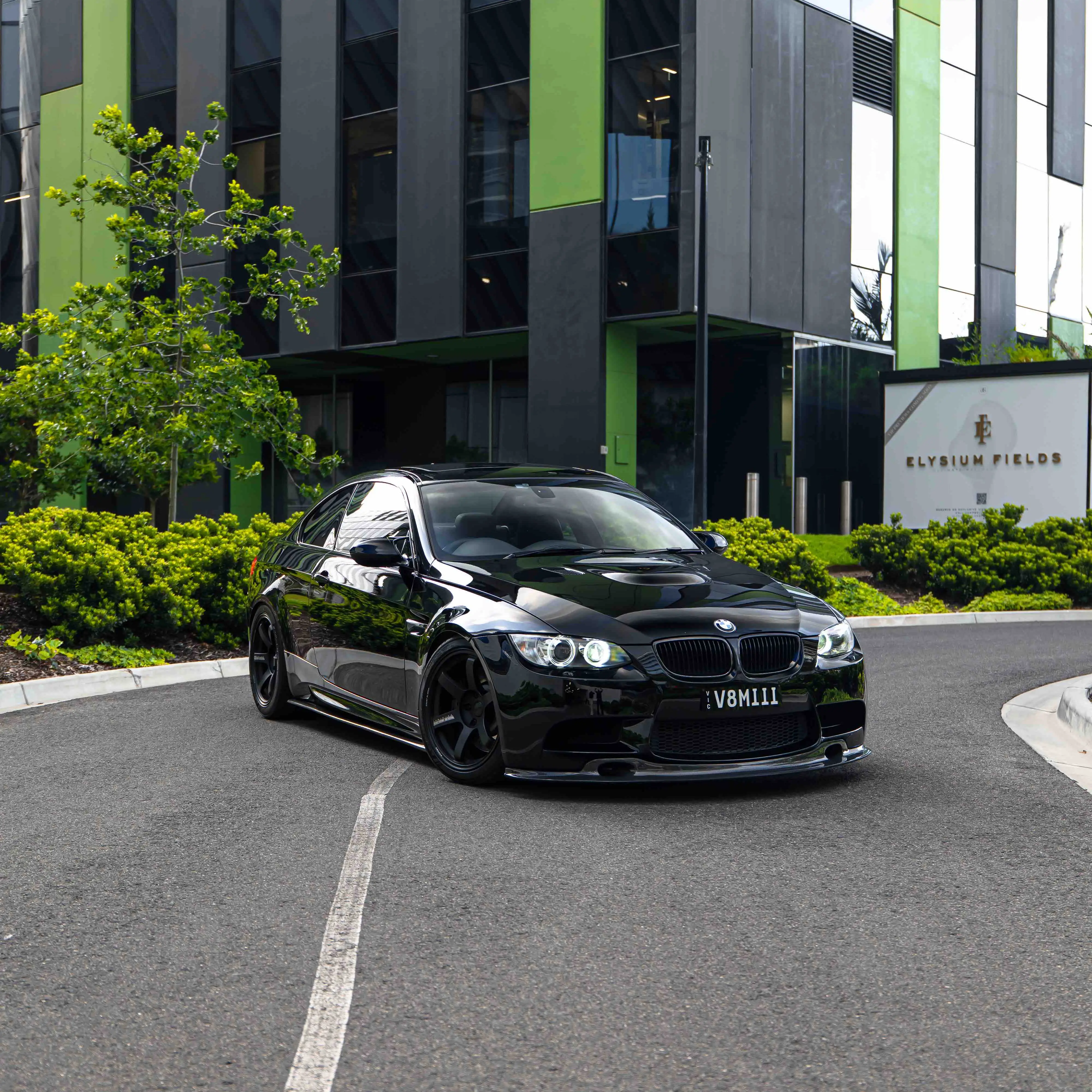 Rear quarter view showing deep concave face of 18 inch Volk TE37 Saga S-Plus in Matte Black on E92 M3