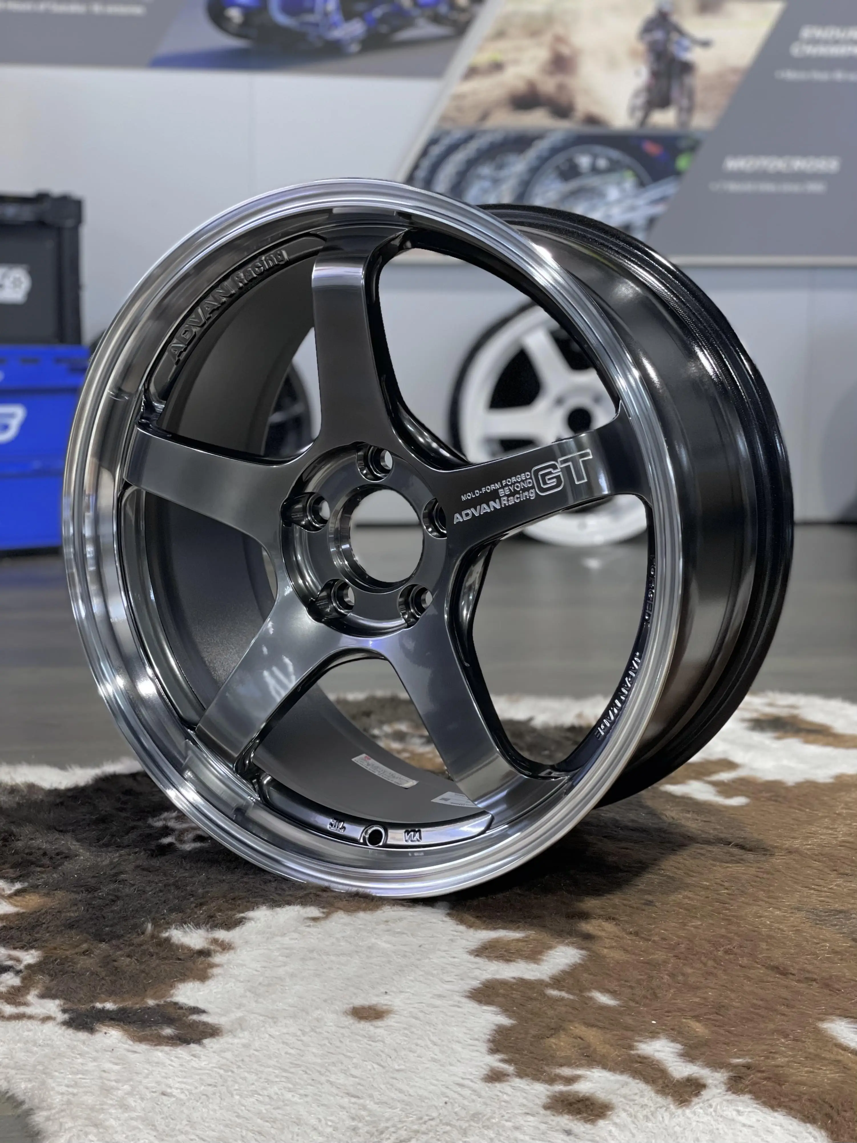 Premium Yokohama Advan GT Beyond forged monoblock wheel in the liquid Machining and Hyper Platinum Black finish