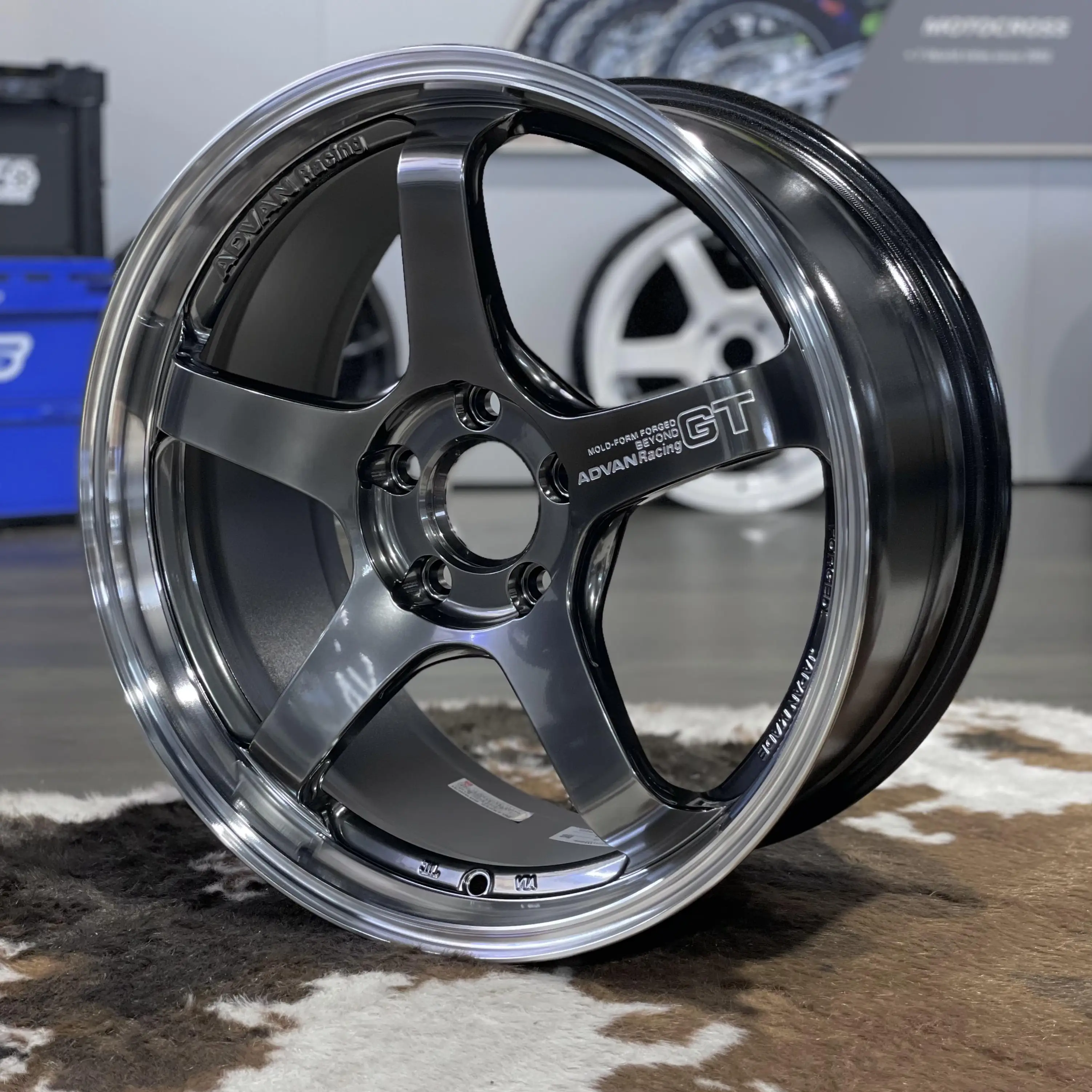 Premium Yokohama Advan GT Beyond forged monoblock wheel in the liquid Machining and Hyper Platinum Black finish