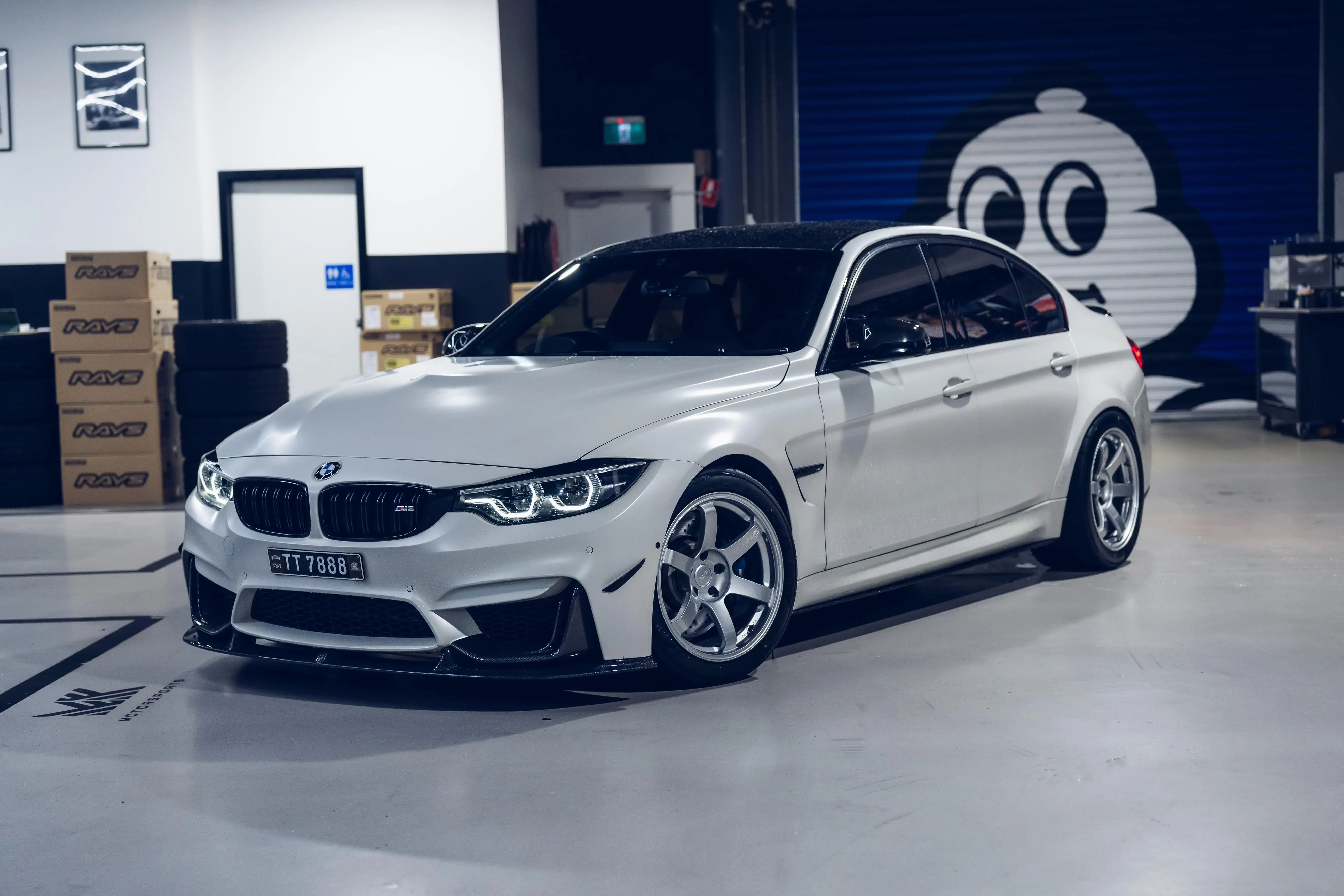 White BMW F80 M3 sedan fitted with Diamond Silver RAYS Volk Racing TE37 Saga S-Plus wheels