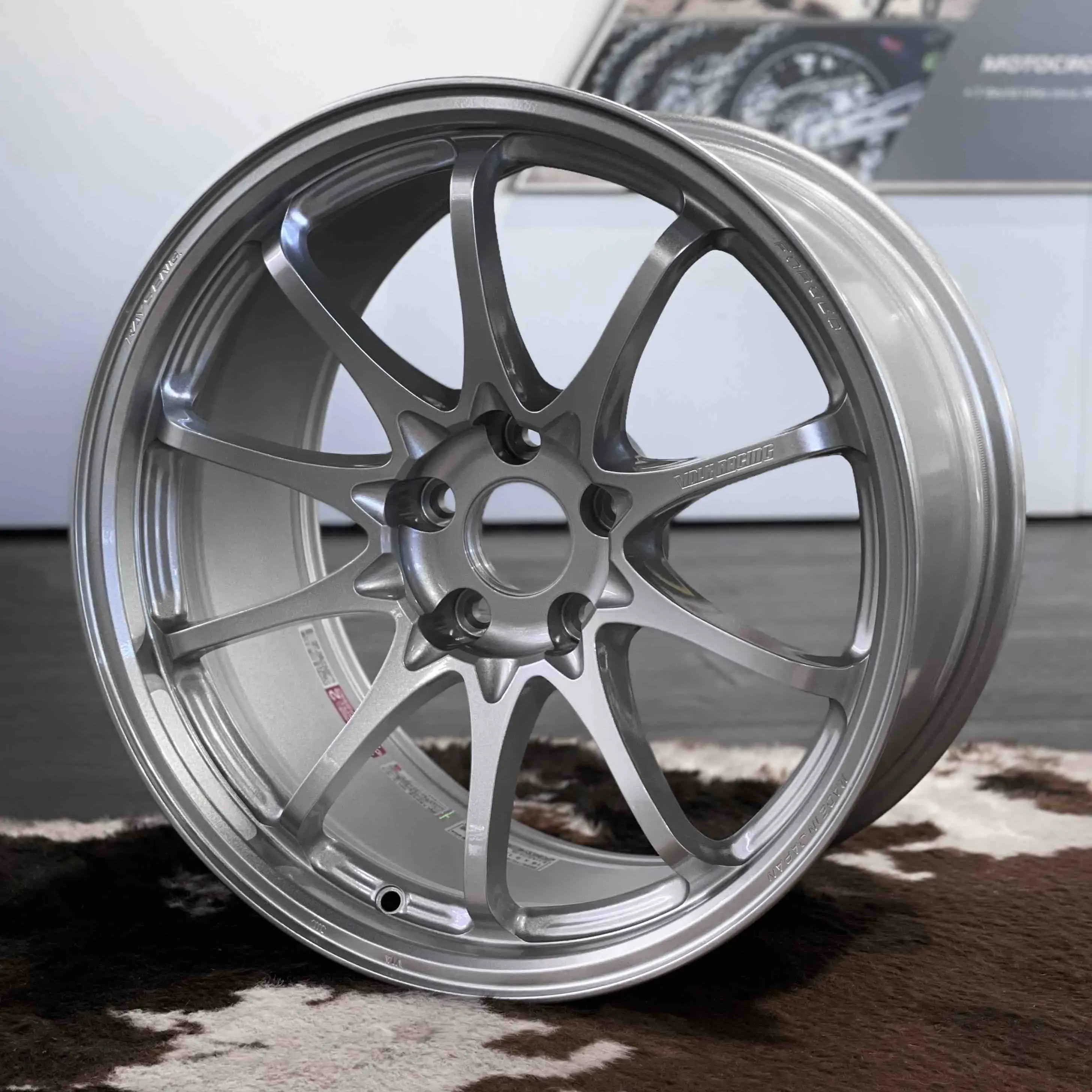 Full front face view of an 18 inch RAYS Volk Racing CE28 N-Plus wheel in Diamond Silver with aggressive Face 4 concavity
