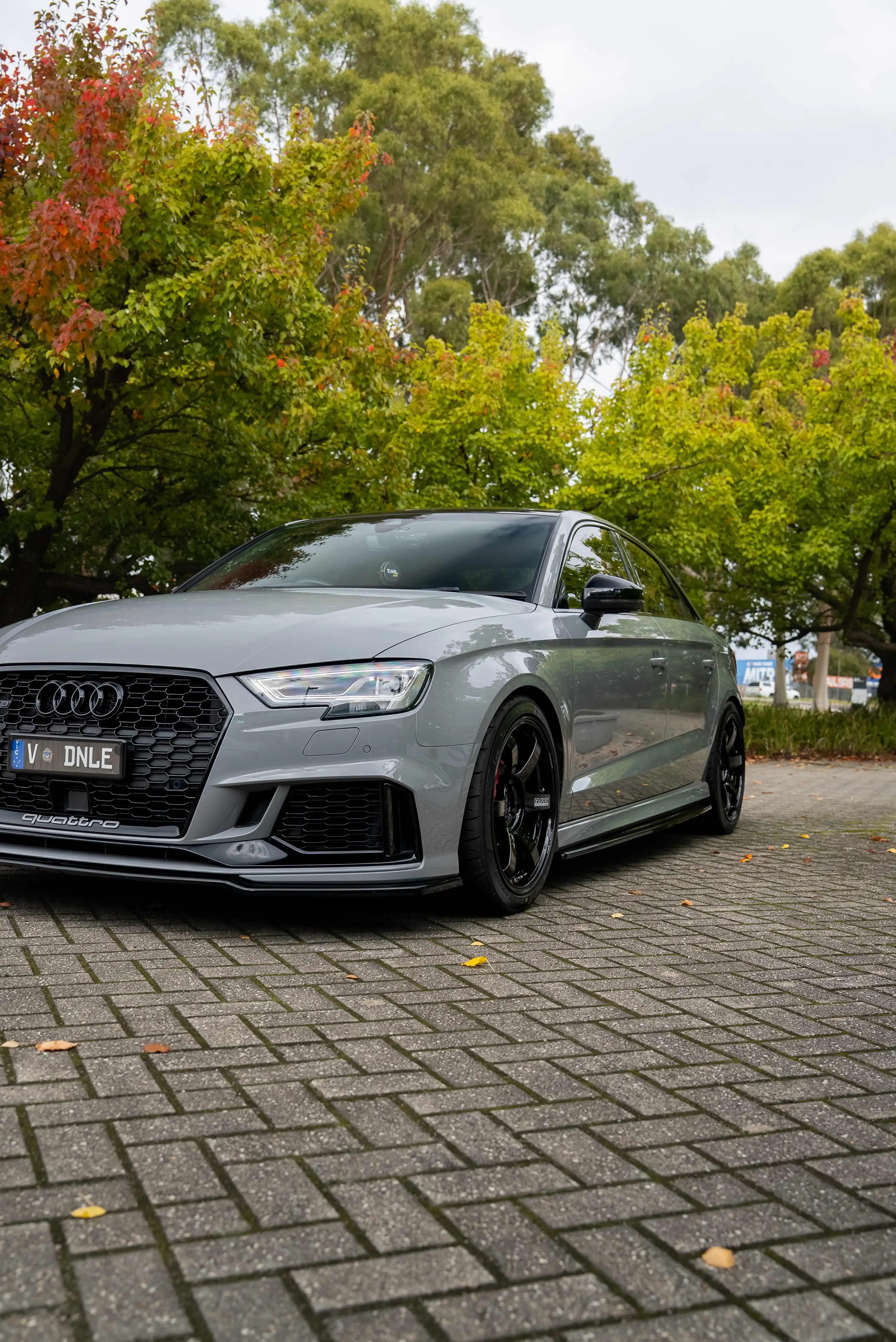 Nardo Grey Audi RS3 8V sedan fitted with gloss black RAYS Volk Racing TE37 Saga SL wheels in 18x9.5 +45 spec side angle