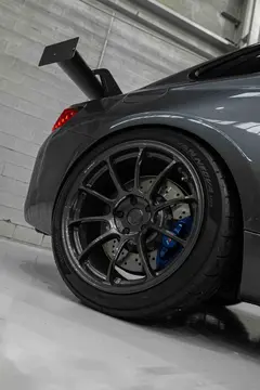 Rear angle shot of BMW F87 M2 stance featuring 19-inch RAYS Volk Racing ZE40 wheels from KA Autosport