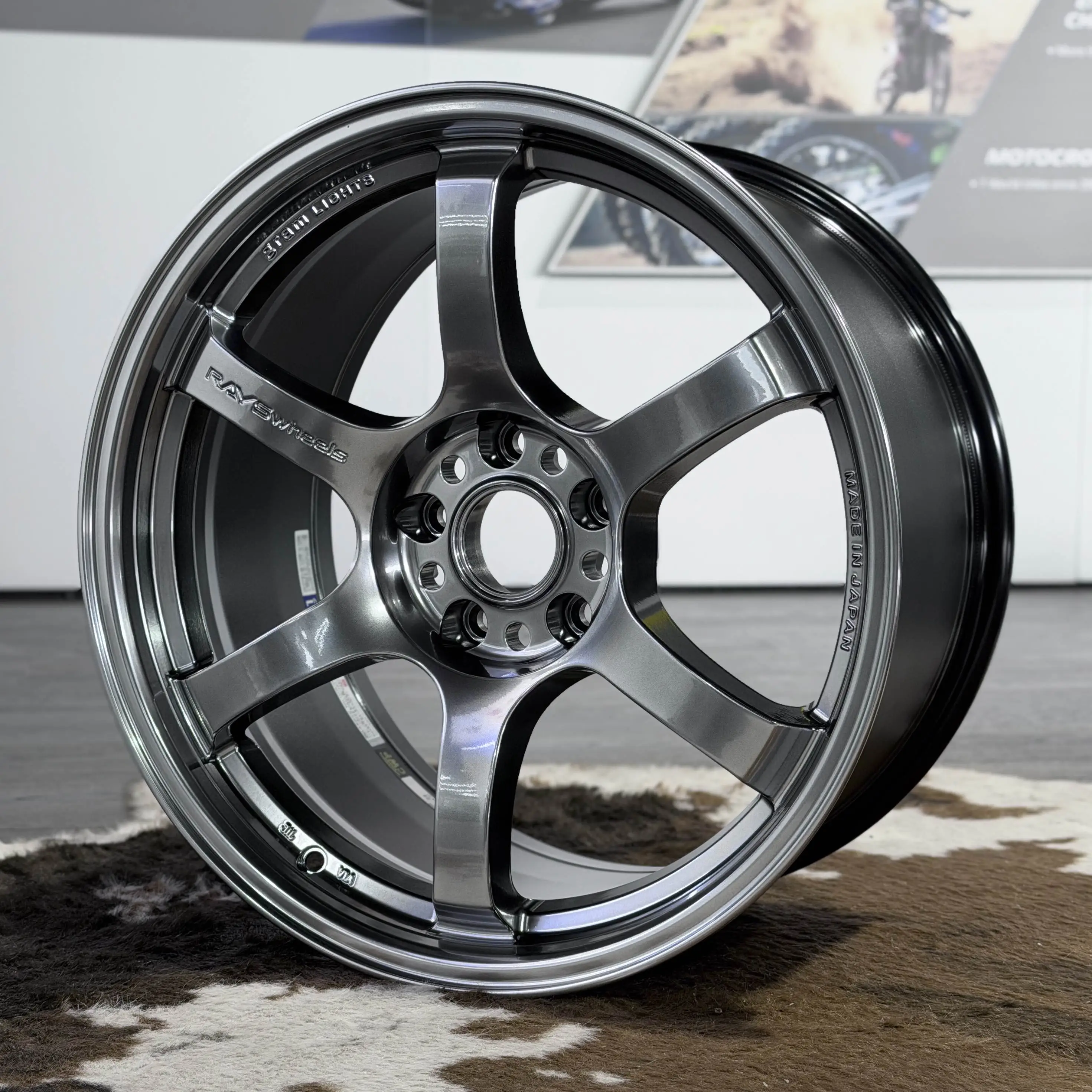 Three quarter perspective showcasing the deeply curved six spoke design of a Grace Silver 57DR wheel